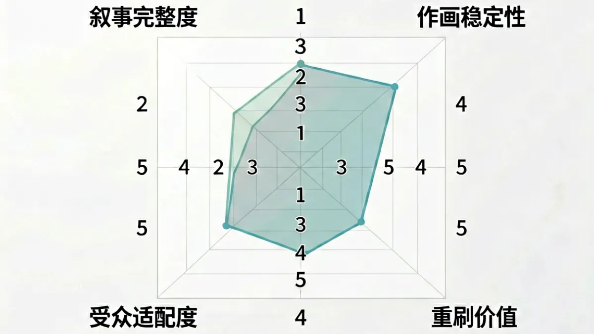 小贝看番内容评分维度示意图，展示叙事完整度、作画稳定性等四个评价坐标轴