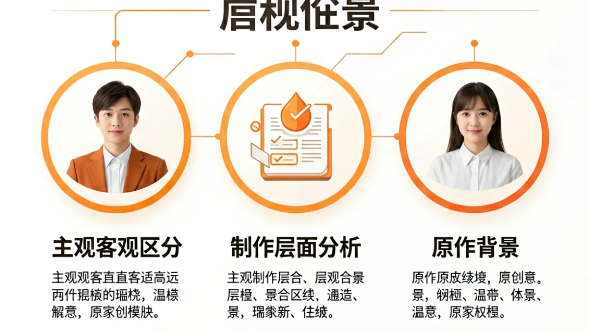 番剧点评节目质量评估的三个维度图示，包含主观客观区分、制作层面分析和原作背景交代三个板块
