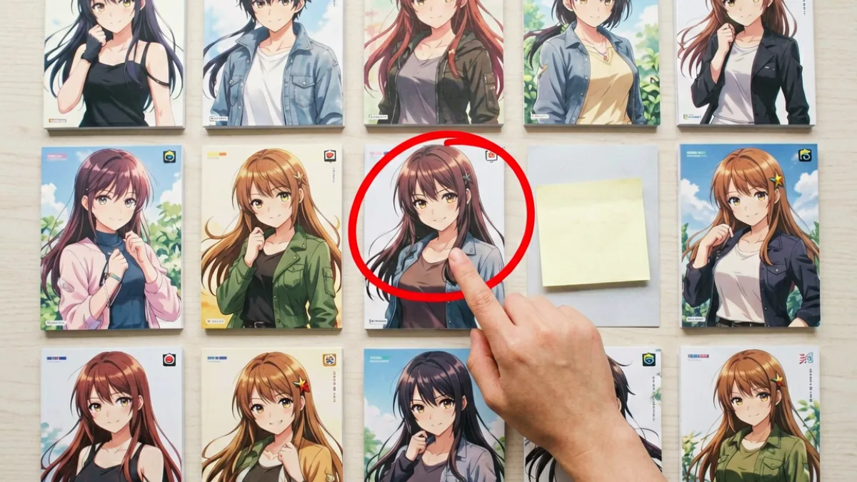 小贝看番 - 番剧选题筛选过程示意，画面为多部番剧封面平铺在桌面上，手指点选其中一部
