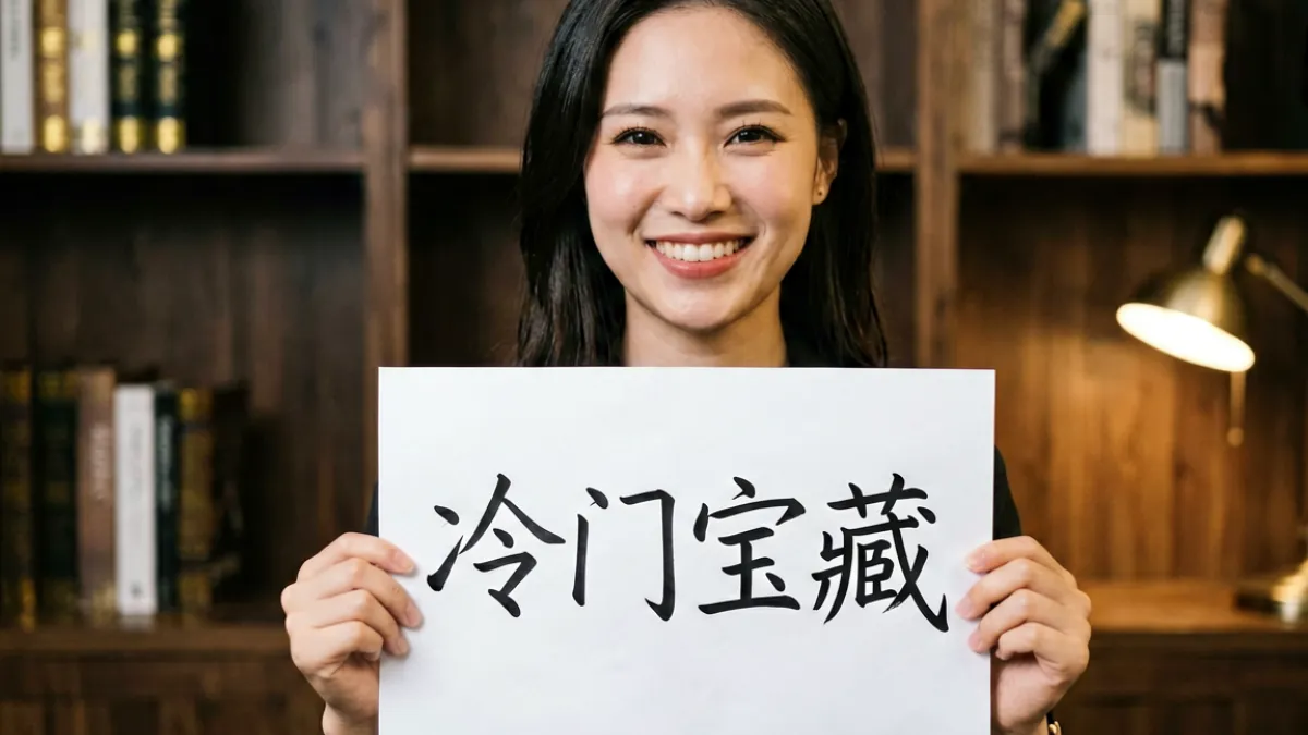 小贝看番冷门好番推荐视频中主播举着一张写有冷门宝藏四字的手写牌